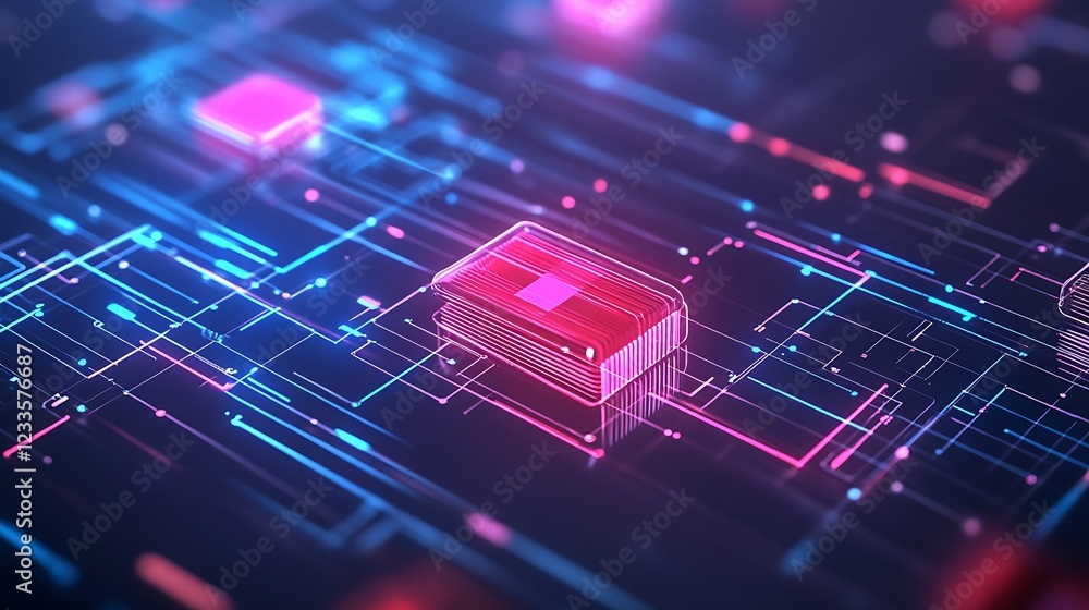 Poster Dynamic Abstract Digital Circuit Board with Neon Blue and Pink Technology Theme : Generative AI