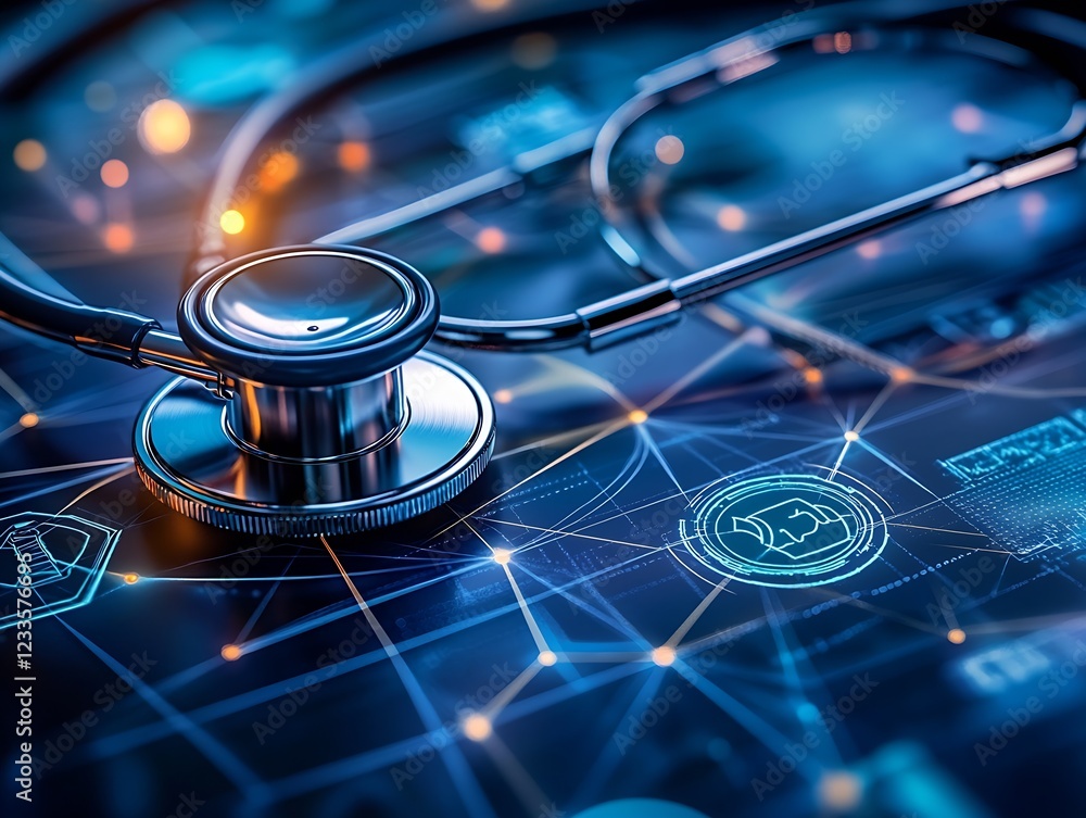 Aufkleber Futuristic Medical Technology Concept with Digital Stethoscope and Virtual Interface on Neural Network Background : Generative AI