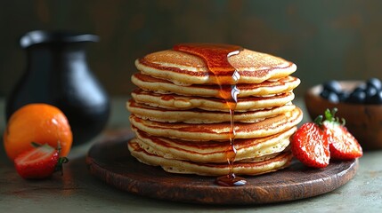 Stack of fluffy pancakes drizzled with syrup, surrounded by fresh fruits on a rustic table