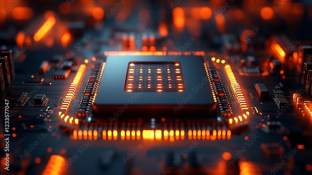 Poster Closeup of Futuristic Microchip with Glowing Orange Circuit Lines on Electronic Board : Generative AI