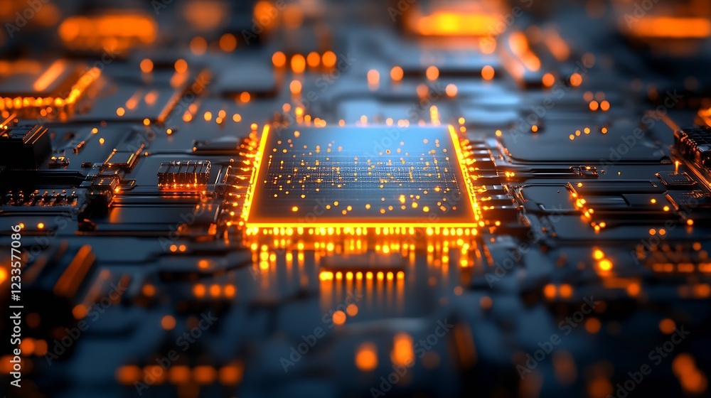 Poster futuristic illuminated circuit board technology with glowing orange microchips : generative ai