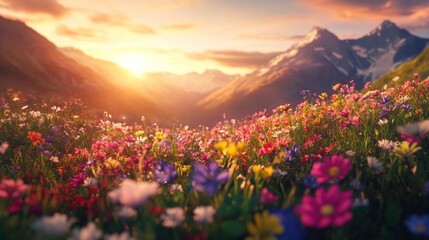 Sunset mountain wildflowers meadow scenic landscape postcard