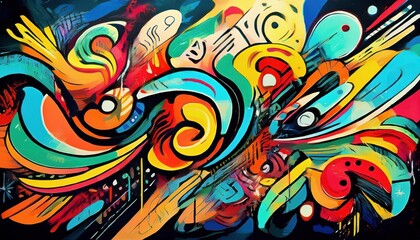 Striking Stencil Graffiti with AI Elements Amidst Urban Grunge Vibrant Neon Hues Painted on Concrete Backdrop, Evoking a Futuristic and Edgy Mood.