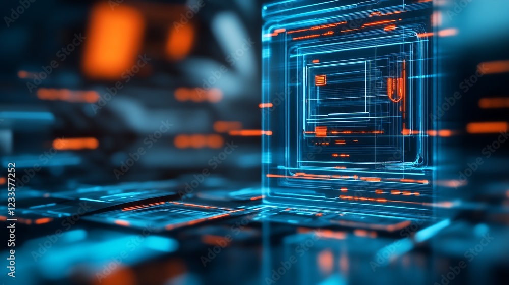 Poster Abstract Sci-Fi Representation of Digital Grid and Circuitry in Blue and Orange Tones : Generative AI