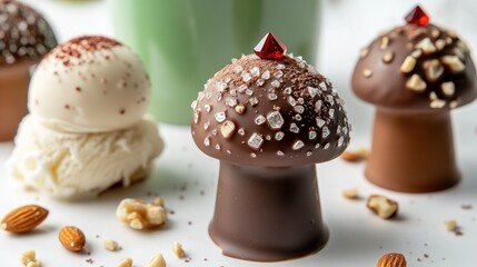Gourmet chocolate mushroom candies with nuts and sea salt.