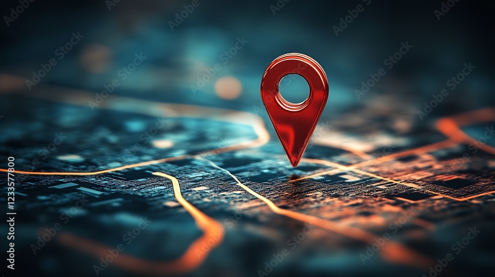 Poster Digital Map with Red Location Pin Symbolizing GPS Navigation or Cartography : Generative AI