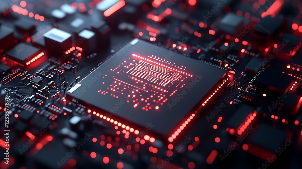Aufkleber Futuristic Circuit Board with Glowing Red Microchip in Focus : Generative AI