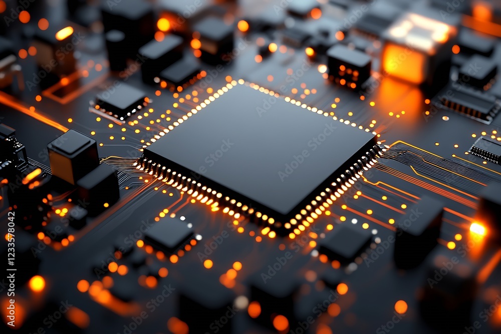 Poster High Tech Microchip Close-Up with Orange and Black Electronic Circuits : Generative AI