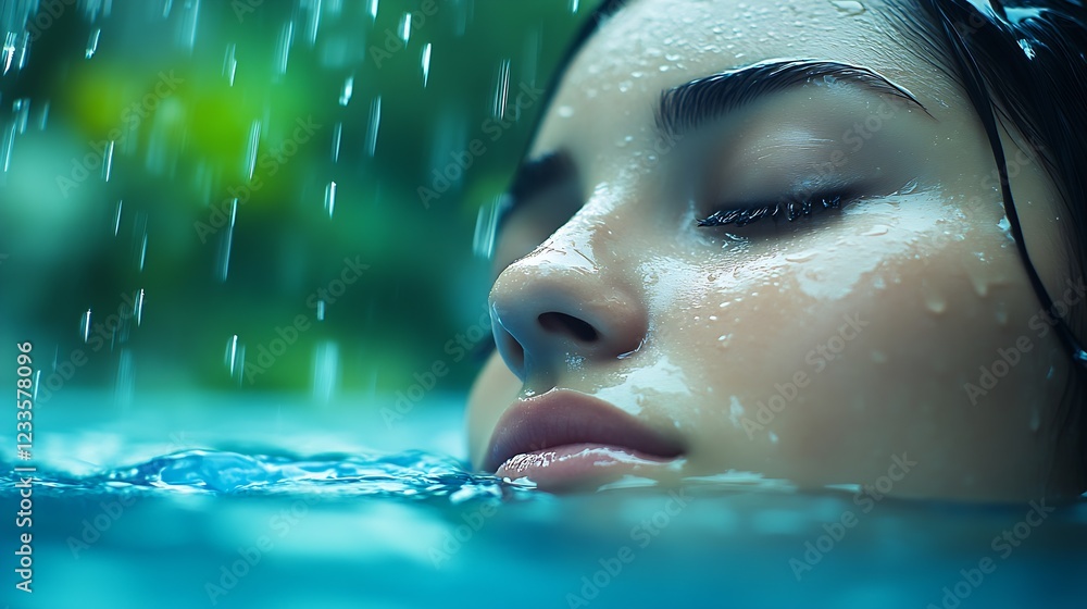 Aufkleber serene woman in water with eyes closed amidst falling rain and tranquil surrounding : generative ai