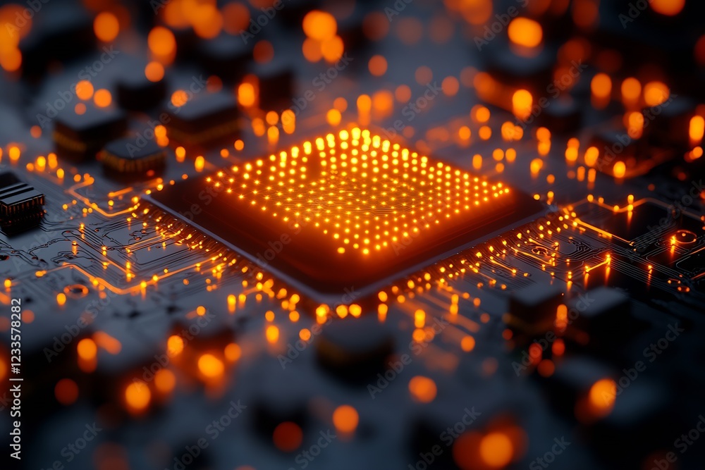 Poster Glowing Circuit Board with Illuminated Chip and Electronic Components in Focus : Generative AI