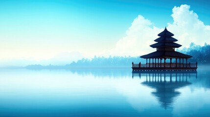 Obraz premium Simple Vector Poster of Balinese Temple with Lake Reflection