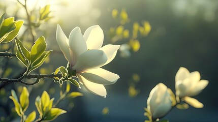 Fototapeta premium Magnolia Flower Tree Branch: Magnolia flower, magnolia tree branch, vector image, black line,