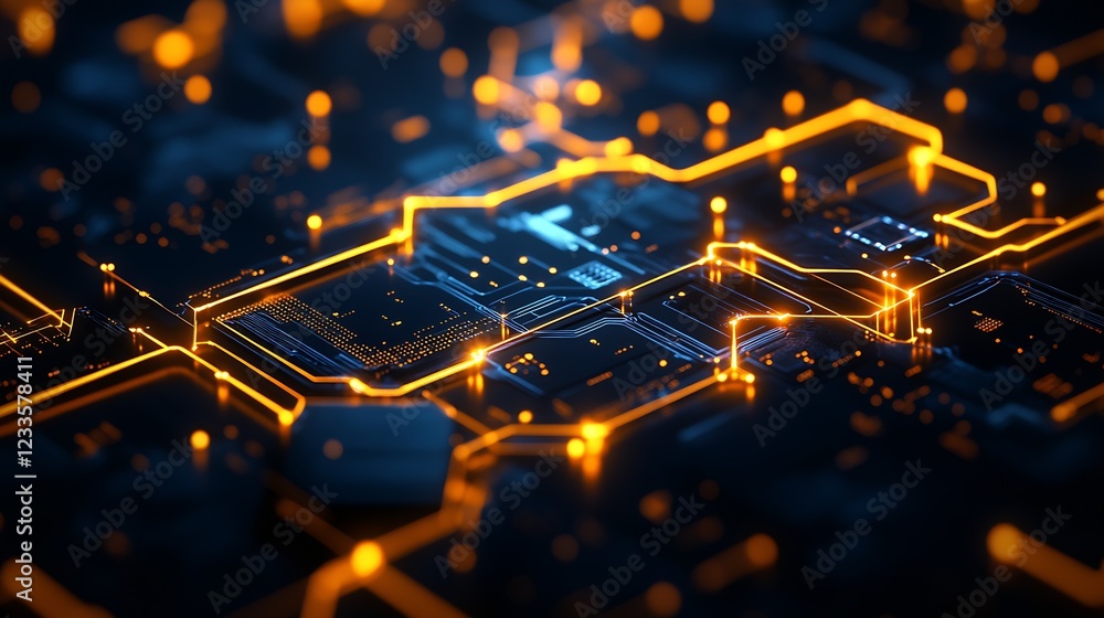 Poster Futuristic Glowing Circuit Board in High Tech Environment with Orange Lines on Dark Background : Generative AI