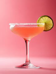 Refreshing pink cocktail with lime garnish.