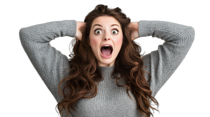 a portrait of a young woman with her eyes wide open and hands holding her ears to her head with her hair covering her face PNG image, PNG file, Generative art.