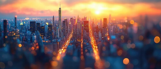 Fototapeta premium A vibrant sunset over a city skyline, highlighting urban life and architecture.