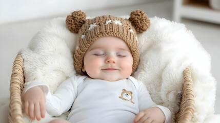 Sleeping baby in basket, cozy room, peaceful scene, newborn photography