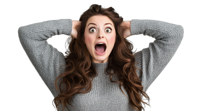 a portrait of a young woman with her eyes wide open and hands holding her ears to her head with her hair covering her face PNG image, PNG file, Generative art.