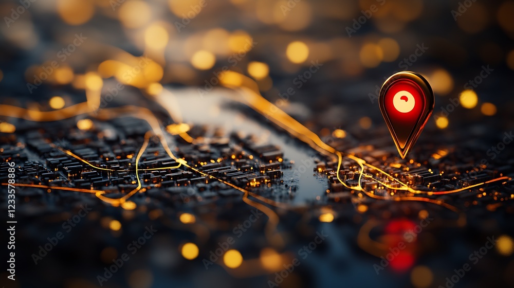 Poster Digital Map Interface with Glowing Red Location Pin and Golden City Lights : Generative AI
