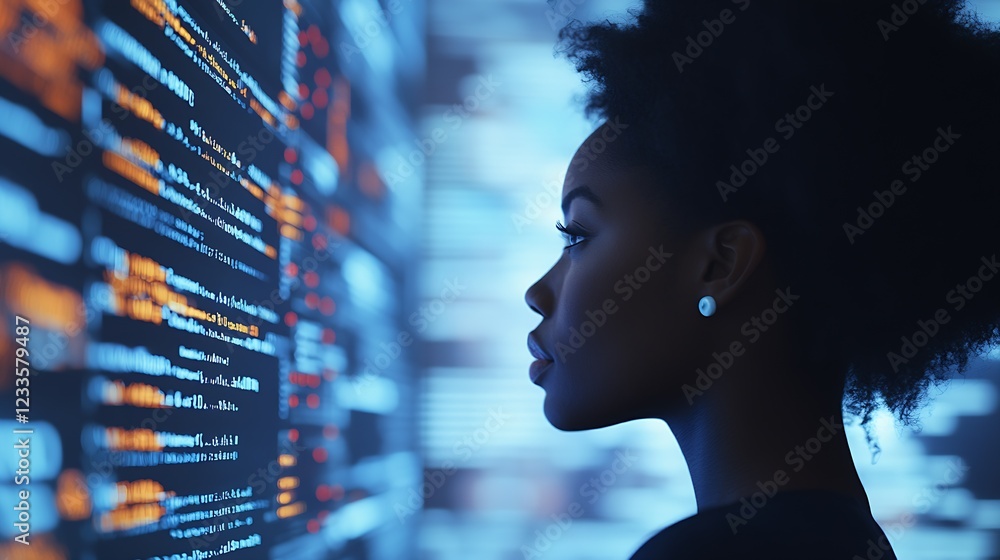 Leinwandbilder focused woman analyzing data on computer screens illuminated by futuristic blue light : generative a