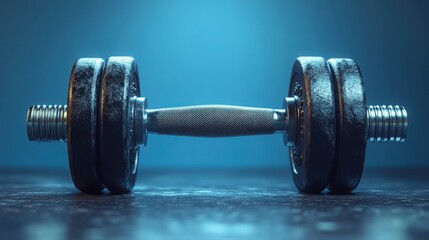 Naklejka premium Heavy Metal Dumbbell on Dark Surface Blue Background Fitness Equipment Strength Training