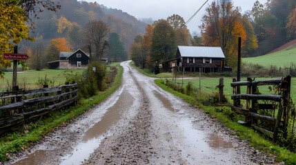 Fototapeta premium Autumnal Country Road, Farmhouses, Misty Valley