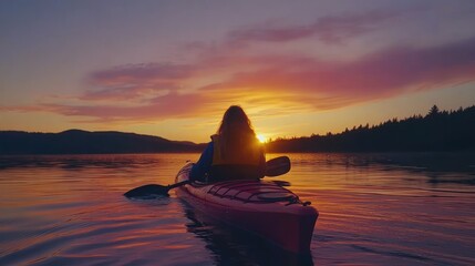Woman kayaking at sunset on a calm lake, silhouetted against vibrant sky.