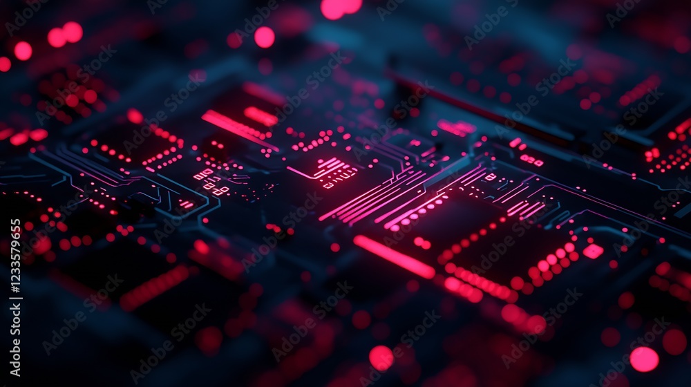 Poster Digital Circuit Board with Glowing Red Connections and Futuristic Technology Design : Generative AI