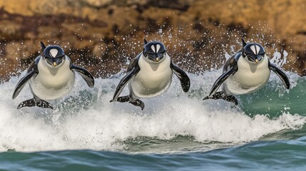 Three adorable penguins leap playfully over ocean waves, showcasing their sleek black and white plumage.