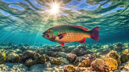 Naklejka premium Vibrant parrotfish swimming in sunlit coral reef.