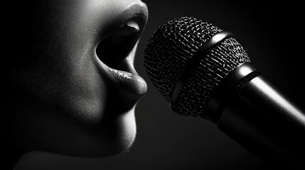 Loudspeaker Mouth close to a microphone, amplifying the voice close up, focus on mouth communication dynamic, Silhouette, concert stage