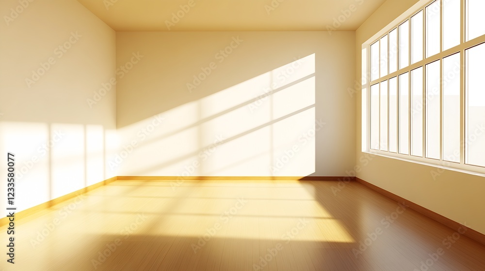 Poster sunlit empty room with big windows and wooden floor illuminated by natural light : generative ai