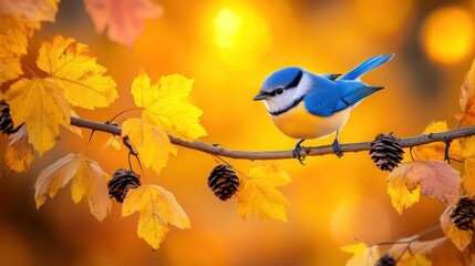 Fototapeta premium Blue bird perched on autumn branch with yellow leaves and pine cones.