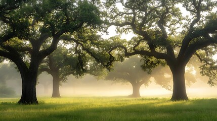 A serene landscape featuring trees shrouded in morning mist, creating a tranquil atmosphere.