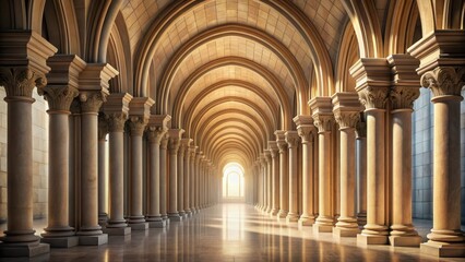 Fototapeta premium Muted light pours through ancient arches of Corinthian columns forming a symmetrical arcade