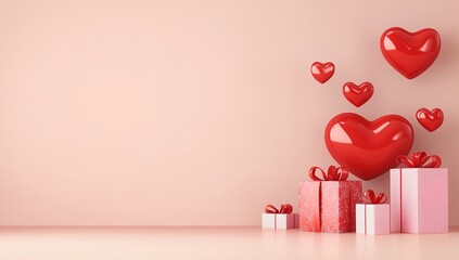 In front of the soft pink background, a bright red heart is suspended, and several red gift boxes with white ribbons are arranged in order below, creating a sweet and warm atmosphere.