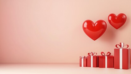 Two bright red hearts are suspended in front of a soft pink background, and several red gift boxes with white ribbons are arranged in sequence below, creating a sweet and warm atmosphere.
