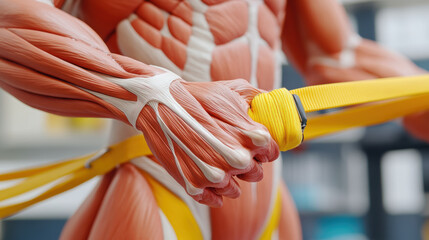 Muscle model gripping resistance band during therapy session