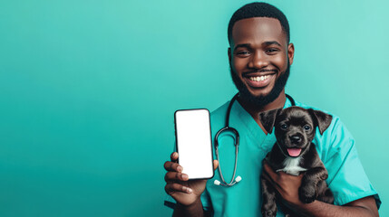 A black man in a turquoise shirt holds a puppy and a phone with an empty white screen. A mockup of a stylish phone in a veterinarian's hand. Presentation of a mobile application