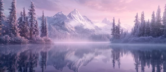 Serene Winter Wonderland: Misty Lake and Snow-Capped Mountains