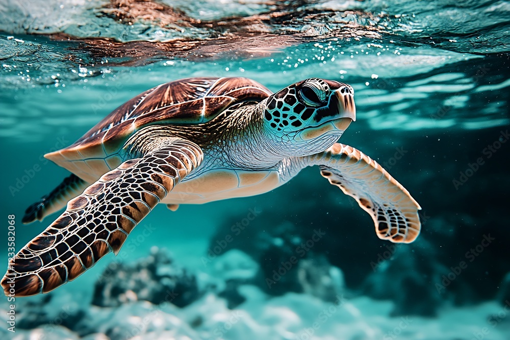 Poster Majestic Sea Turtle Gliding Effortlessly in Crystal Clear Waters of the Ocean : Generative AI