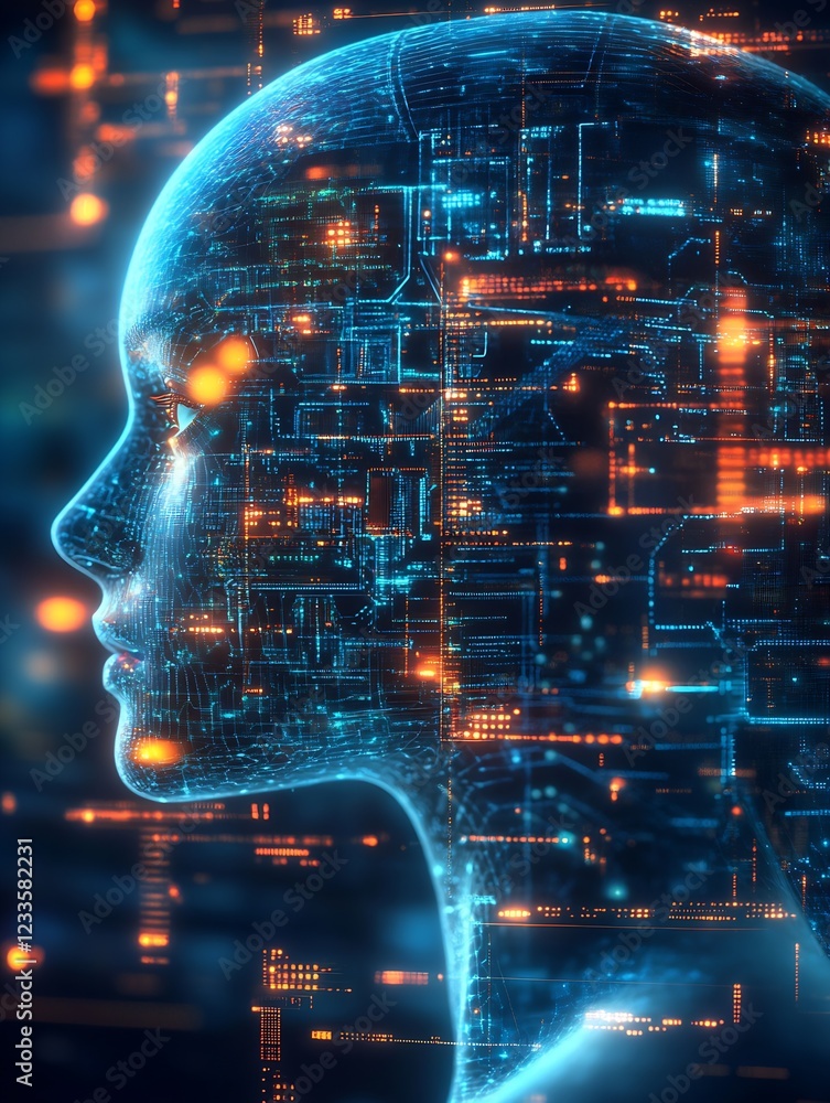 Poster Holographic digital face with neural network and glowing orange data streams : Generative AI