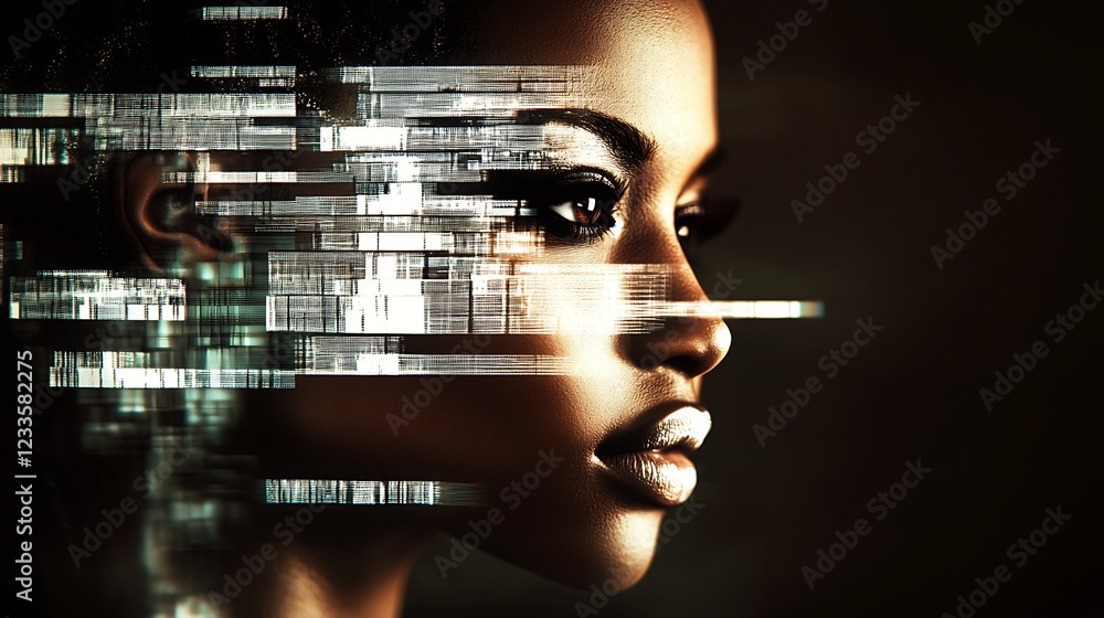 Aufkleber digital disruption theme art featuring woman's face and pixelated effect in dark background : genera