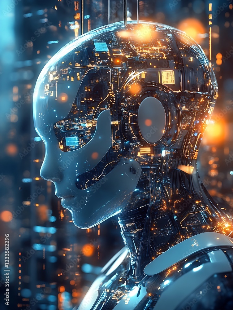 Poster Futuristic Cyborg Face with Complex Digital Patterns and Advanced Electronic Systems : Generative AI