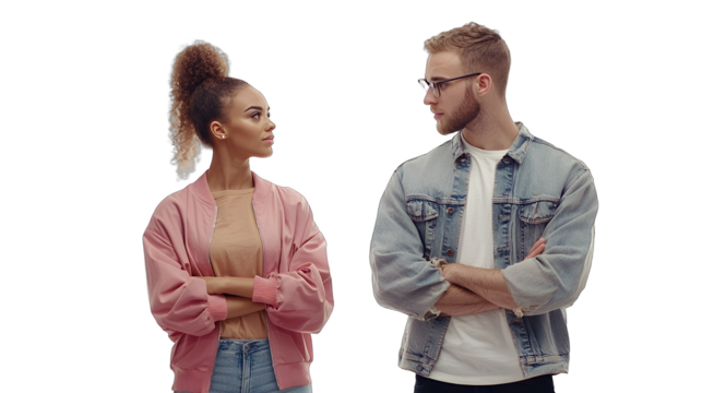 a young man and a young woman standing with their arms crossed and a guy looking to the side PNG image, PNG file, Generative art.