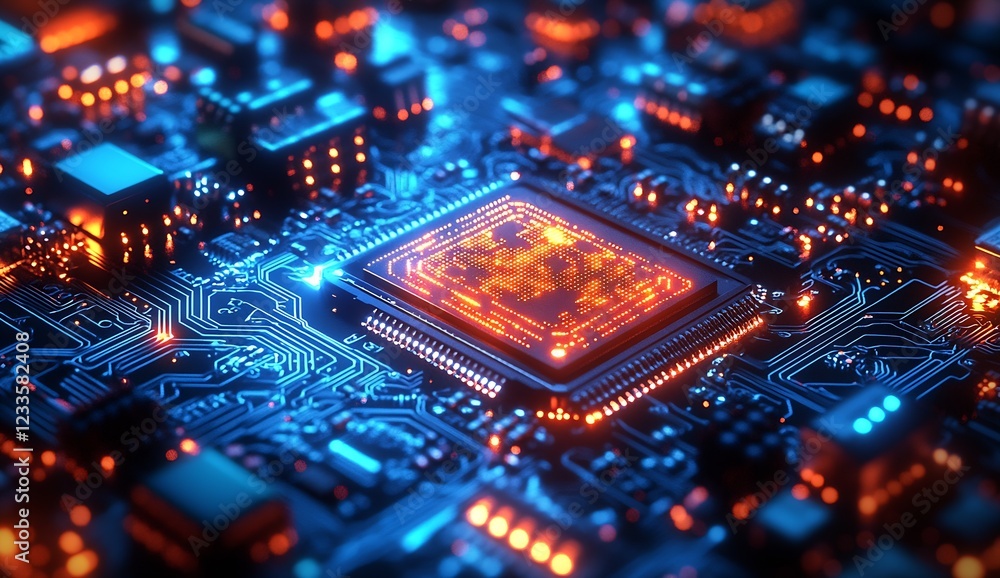 Poster Futuristic Artificial Intelligence Circuit Board Illuminated in Neon Lights : Generative AI