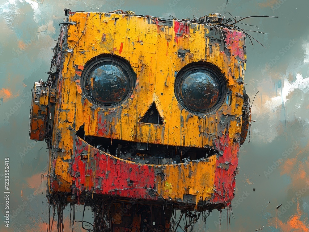 Poster a whimsical robot head with a smiling face, made of rusty metal and scrap.