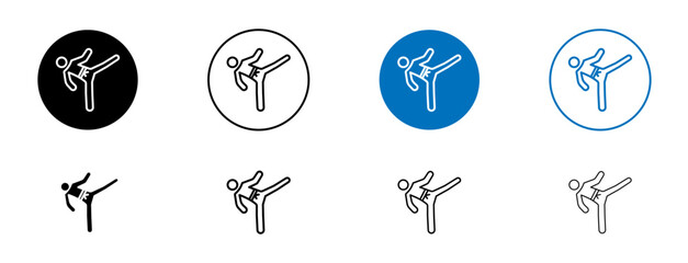 Karate fighter icons set in black and blue colors on white background