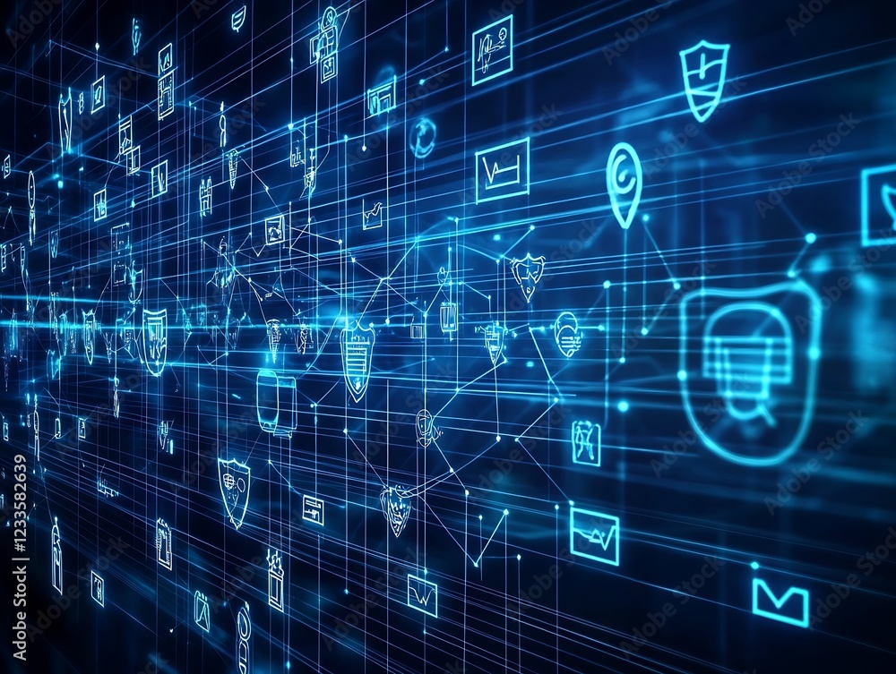 Poster futuristic blue digital technology background with cybersecurity icons and connections : generative 