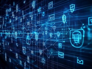 Futuristic Blue Digital Technology Background with Cybersecurity Icons and Connections : Generative AI
